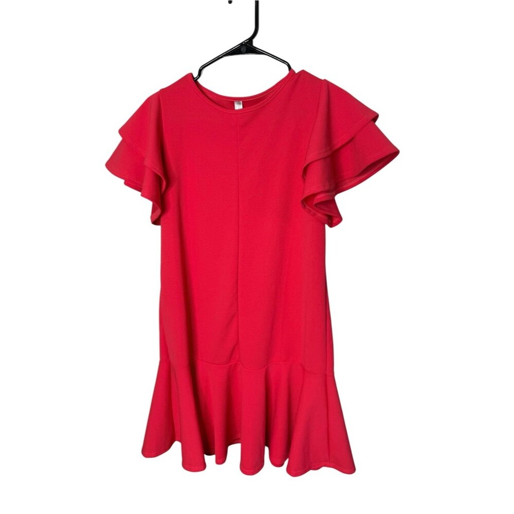 Simlu Coral Red Tiered Ruffle Sleeve Drop Waist Flounce Hem Dress M Casual